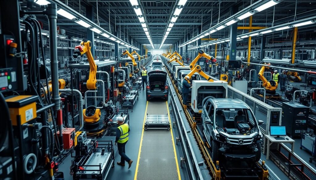 A large, state-of-the-art automotive assembly line, filled with intricate machinery and robotic arms, dominates the foreground. In the middle ground, workers in protective gear navigate the complex layout, facing challenges of synchronizing production workflows. The background depicts a bustling factory floor, with conveyor belts transporting car parts and engineers monitoring digital control panels, all under the harsh, industrial lighting that casts dramatic shadows. The scene conveys the intense operational complexities and pressures faced by a Tier 1 automotive supplier striving for 100% on-time delivery.