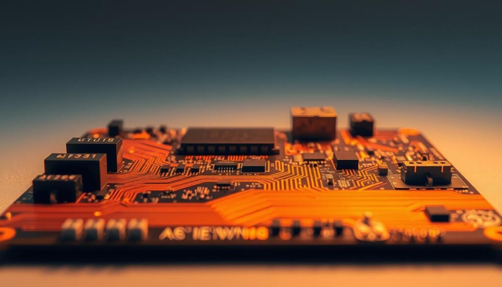A meticulously crafted aerospace printed circuit board, its intricate layers and materials depicted in vivid detail. The board's surface shimmers under the warm glow of studio lighting, revealing the diverse materials that make it resilient against extreme temperatures and vibrations. In the foreground, the conductive copper traces wind their way across the board, while the middle ground showcases the sturdy fiberglass substrate and the strategic placement of reinforcement components. In the background, a subtle gradient adds depth and a sense of technical sophistication, complementing the overall aesthetic. This image captures the innovative design considerations that enable PCBAs to thrive in the demanding aerospace environment.