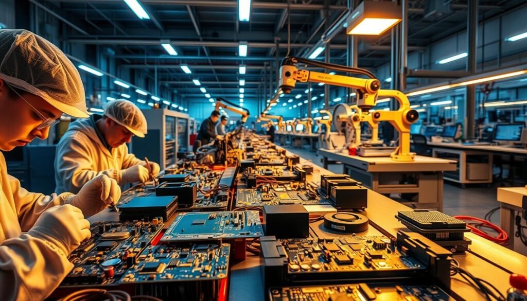 A meticulously crafted production line, bathed in the warm glow of LED lighting. In the foreground, technicians delicately assemble high-reliability flight controller and ESC PCBAs, their hands moving with precision. Precision tools and components are neatly arranged, reflecting the attention to detail. In the middle ground, automated pick-and-place machines deftly place surface-mount components, their robotic arms a blur of motion. The background reveals a clean, well-organized manufacturing facility, with workstations and test equipment arranged for maximum efficiency. The overall atmosphere conveys a sense of professionalism, expertise, and a commitment to producing the highest-quality drone components.