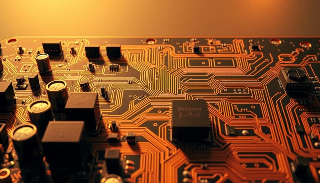 A meticulously designed power delivery network for a battery-powered security sensor board, featuring a minimalist yet efficient layout. In the foreground, a series of precisely placed capacitors, resistors, and power management ICs orchestrate a seamless flow of energy. The middle ground showcases a clean, symmetrical arrangement of copper traces, routed with surgical precision to optimize power distribution. In the background, a subtle grid of ground planes and thermal vias create a sturdy foundation, ensuring reliable and low-loss power delivery. Warm, directional lighting casts strategic shadows, highlighting the elegance of the circuit's engineering. The overall composition conveys a sense of technical sophistication and attention to power-efficient design principles.