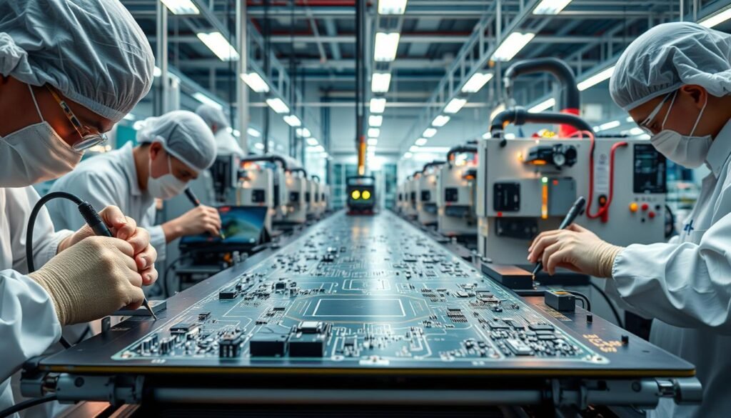 A meticulously detailed assembly line showcasing the intricate process of EV PCBA fabrication. In the foreground, skilled technicians delicately solder components onto a sleek, multi-layered circuit board, their movements precise and focused. The middle ground reveals automated pick-and-place machines precisely aligning minuscule electronic parts, while the background displays a high-tech, climate-controlled clean room environment with specialized lighting fixtures casting a warm, technical glow. The scene conveys the level of engineering expertise, attention to detail, and advanced manufacturing techniques required to produce the complex, high-performance PCBAs at the heart of modern electric vehicles.