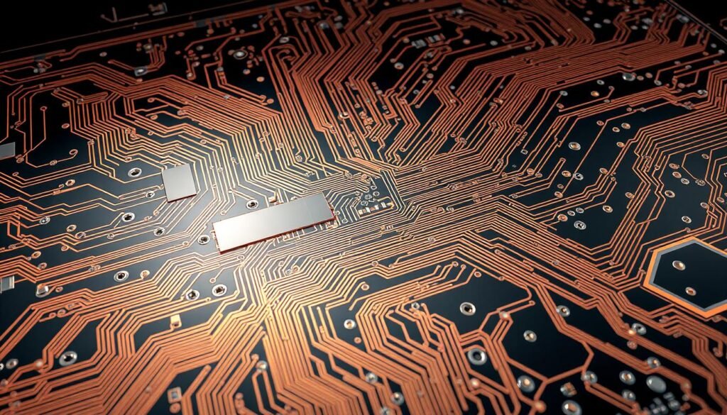 A meticulously detailed automotive circuit design, captured in a high-resolution technical illustration. The intricate web of copper traces, vias, and component footprints fills the frame, showcasing the complex interconnections that power modern in-vehicle infotainment systems. Crisp, clean lines and precise geometrical forms convey a sense of engineering elegance, while strategically placed shadows and highlights accentuate the three-dimensional depth and texture of the circuitry. The overall composition exudes a mood of technological sophistication, perfectly suited to illustrate the key components and design considerations for manufacturing PCBAs in this domain.