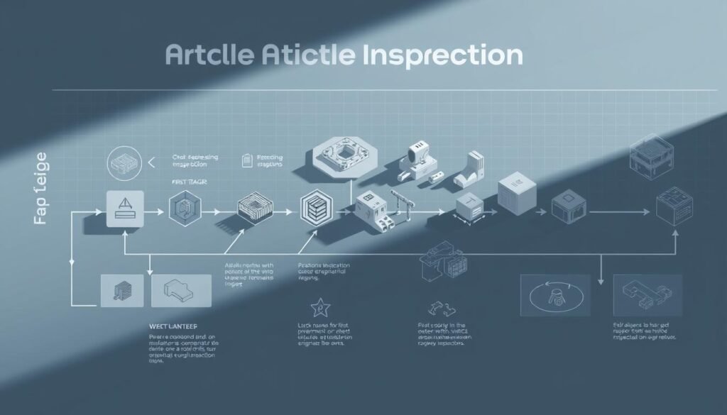 A meticulously detailed technical diagram showcasing the First Article Inspection Process Flow. A clean, minimalist layout with crisp lines and precise geometric shapes, rendered in a cool, muted color palette. The foreground displays a step-by-step visual breakdown of the key stages, highlighted with clear iconography and subtle annotations. The middle ground features isometric engineering diagrams and schematic views of relevant manufacturing equipment and tools. In the background, a subtle grid pattern and subtle technical textures evoke the precise, methodical nature of the industrial inspection process. Subtle dramatic side lighting casts shadows that emphasize the depth and dimensionality of the scene, creating a sense of technical sophistication and engineering excellence.