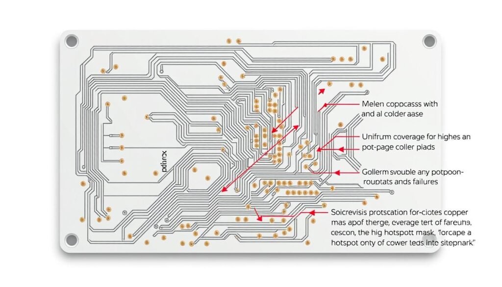 A meticulously detailed technical illustration of solder mask design guidelines, showcasing the optimal layout and spacing of traces, vias, and copper pads on a high-current PCB. Captured under crisp, evenly-lit studio conditions, the image highlights the precise parameters and best practices for a robust solder mask, including uniform coverage, sufficient clearance, and strategic positioning to mitigate hotspots and failures. The scene features a clean, minimalist background that allows the technical elements to take center stage, conveying a sense of engineering precision and attention to detail essential for high-performance circuit board design.