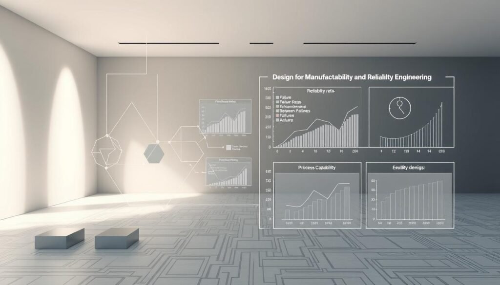 A meticulously engineered schematic diagram depicting the fundamental principles of design for manufacturability and reliability engineering. In the foreground, precise geometric shapes and interconnected circuits symbolize the core design concepts. In the middle ground, statistical charts and graphs illustrate key reliability metrics such as failure rates, mean time between failures, and process capability indices. The background features a serene, minimalist environment with soft, directional lighting, emphasizing the thoughtful, analytical nature of the subject matter. The overall composition conveys a sense of technical sophistication, scientific rigor, and engineering excellence.