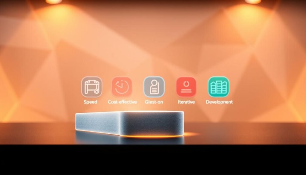 A modern, minimalist illustration showcasing the benefits of rapid prototyping. In the foreground, a 3D-printed product mockup, sleek and polished, with a glowing halo effect. In the middle ground, colorful icons representing key advantages like speed, cost-effectiveness, and iterative development. The background features a soft, blurred geometric pattern, suggesting the technological and innovative nature of the process. Warm, diffused lighting creates a sense of depth and emphasizes the tangible, hands-on nature of rapid prototyping. The overall mood is one of efficiency, innovation, and the excitement of bringing new ideas to life.
