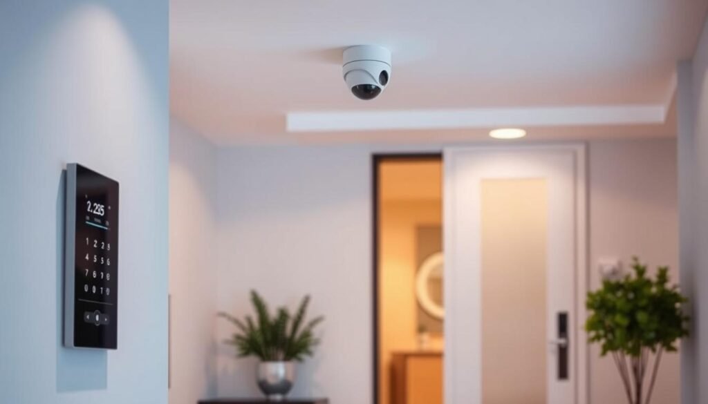 A modern, minimalist smart home with seamless security integration. In the foreground, a sleek, touch-enabled control panel blends into the wall, providing intuitive access to lighting, climate, and security features. The middle ground showcases a discreet, state-of-the-art security camera subtly mounted on the ceiling, its elegant design complementing the home's decor. In the background, a stylized smart lock on the front door communicates wirelessly with the central control system, ensuring secure access. The scene is bathed in warm, soft lighting, creating a welcoming and technologically advanced atmosphere.