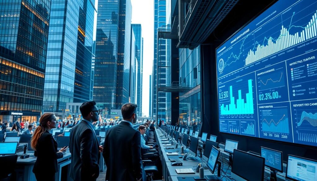 A modern tech hub with sleek skyscrapers and bustling streets. In the foreground, a group of professionals in business attire discussing plans over a holographic display, their faces illuminated by the soft glow of the projection. The middle ground features rows of workstations, each equipped with the latest gadgets and devices. In the background, a large screen displays graphs, charts, and statistics, showcasing the rapid growth and trends of the tech crowdfunding industry. The lighting is a mix of natural daylight filtering through the windows and the cool, blue-tinted glow of the digital displays. The overall atmosphere conveys a sense of innovation, collaboration, and the fast-paced nature of the tech world.