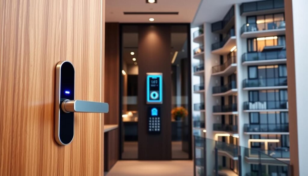 A modern, well-lit interior scene showcasing various smart lock applications across residential and commercial settings. In the foreground, a sleek, minimalist smart lock is installed on a wooden door, its LED indicator glowing softly. In the middle ground, a smart keypad and biometric scanner are integrated into the entryway of an upscale office space. The background depicts a high-rise apartment building, with several smart locks visible on the balconies and main entrance. The overall atmosphere conveys a sense of security, convenience, and technological sophistication.