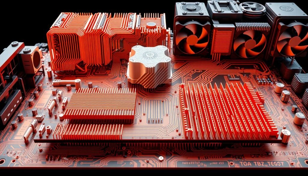 A multi-layered, highly detailed PCB design showcasing advanced thermal management techniques. In the foreground, a complex arrangement of copper traces, vias, and heatsinks strategically placed to dissipate heat from high-power electronic components. The middle ground features intricate 3D-printed heat sinks and airflow channels, while the background depicts a sophisticated cooling system with integrated fans and heat exchangers. The overall scene conveys a sense of technical mastery, with precise lighting and camera angles highlighting the engineering prowess required to optimize thermal performance in a compact, high-density PCB design.