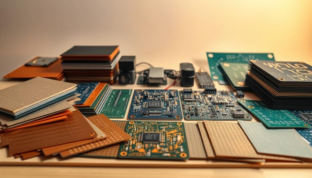 A neatly arranged assortment of drone printed circuit board (PCB) materials on a clean, well-lit workbench. In the foreground, various copper-clad laminates, insulating sheets, and solder masks in diverse colors and textures. In the middle ground, precision electronic components like microcontrollers, sensors, and connectors. The background features a neutral, soft-focus backdrop, emphasizing the technical details of the PCB materials. Warm, directional lighting casts subtle shadows, highlighting the intricate patterns and layered structure of the PCB materials. The overall mood is one of technical precision, innovative engineering, and the thoughtful selection of materials for optimal drone PCBA performance.