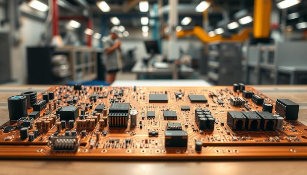 A neatly arranged custom PCB assembly, showcasing intricate circuitry and precise component placement. The board is illuminated with a warm, technical glow, casting subtle shadows that highlight its intricate design. The foreground features various SMD components, capacitors, and integrated circuits, meticulously soldered onto the copper-clad substrate. The middle ground displays the board's complex routing, with clean, organized traces connecting the diverse electronic elements. In the background, a blurred, industrial environment suggests a high-tech manufacturing facility, hinting at the board's specialized application. The overall scene conveys a sense of engineering expertise, attention to detail, and the seamless integration of cutting-edge technology.