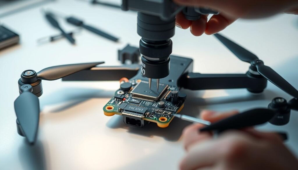 A neatly arranged drone PCB lies on a clean, well-lit workbench. The circuitry is meticulously inspected under a precision magnifying glass, with delicate probes and tools nearby. Intense focus is evident as an engineer scrutinizes each component, ensuring optimal performance and reliability before the drone's maiden flight. The scene conveys a sense of professionalism, attention to detail, and a commitment to thorough pre-flight testing procedures. Soft, directional lighting casts subtle shadows, emphasizing the intricate PCB design. The overall atmosphere is one of diligence, technical expertise, and a steadfast determination to deliver a safe and reliable drone.