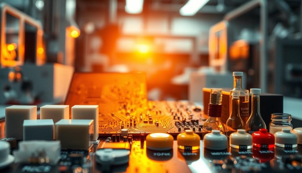 A neatly arranged printed circuit board, its intricate copper traces and components illuminated by warm, directional lighting. In the foreground, a selection of conformal coating materials and potting compounds are displayed, their textures and translucencies clearly visible. The midground showcases various environmental factors, such as temperature extremes, humidity, and chemical exposure, represented through abstract visual metaphors. The background depicts a sophisticated, high-tech laboratory setting, conveying the importance of carefully considering protection methods for security electronics operating in harsh conditions.
