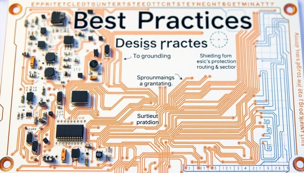 A neatly arranged printed circuit board layout with best practices prominently displayed. The foreground showcases various electronic components, their optimal placement, and interconnected copper traces in a visually appealing and informative manner. The middle ground highlights design principles such as grounding, shielding, and routing for ESD protection. The background features a subtle grid pattern or technical blueprint-style texture, providing context and emphasizing the engineering aspects. The lighting is soft and diffused, creating a clean, technical aesthetic. The camera angle is slightly elevated, allowing for a comprehensive view of the PCB layout and its design elements.