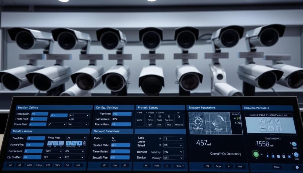 A neatly organized control panel showcasing the configuration menus of popular IP camera brands. The foreground displays a grid of detailed settings for resolution, frame rate, encoding, and network parameters. The middle ground features intuitive user interfaces with clear icons and labels. In the background, a sleek hardware setup with multiple camera modules, lenses, and mounts creates a sense of professional surveillance equipment. The lighting is soft and even, accentuating the technical details. The overall atmosphere conveys a balanced blend of functionality and visual appeal, suitable for illustrating camera protocol configurations in a technical article.
