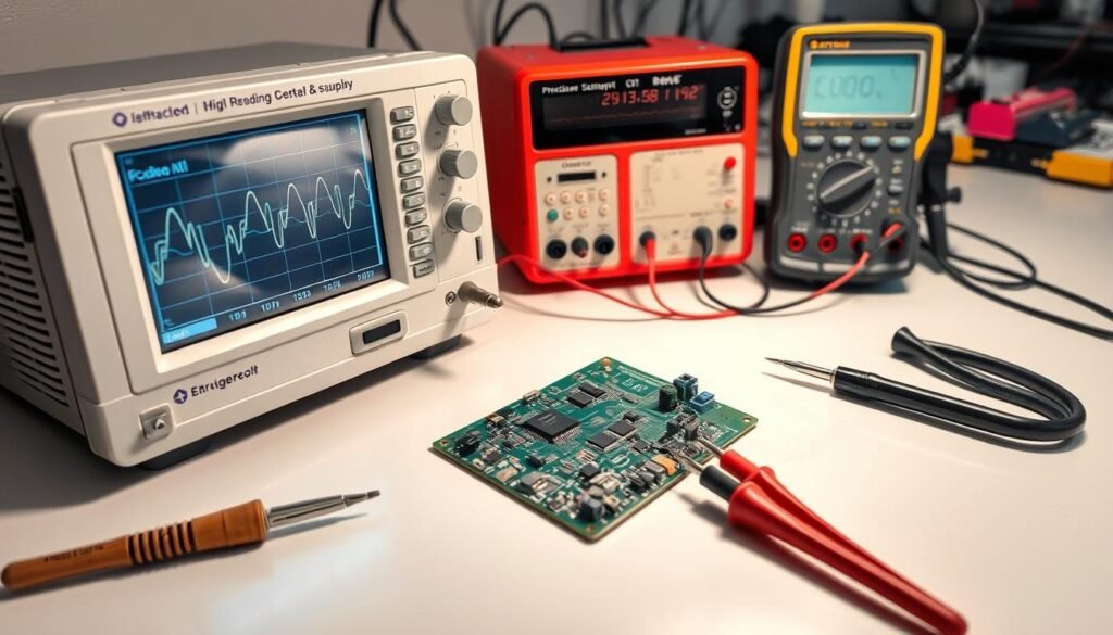 A neatly organized printed circuit board (PCB) test station with a high-resolution oscilloscope, precision multimeter, and soldering tools arranged on a clean workbench. The oscilloscope's display shows a clear waveform from the PCB, with critical measurement points highlighted. Focused task lighting illuminates the PCB, allowing for detailed visual inspection. The scene conveys a professional, well-equipped electronics testing environment dedicated to ensuring the reliability and longevity of new energy PCB assemblies (PCBAs).