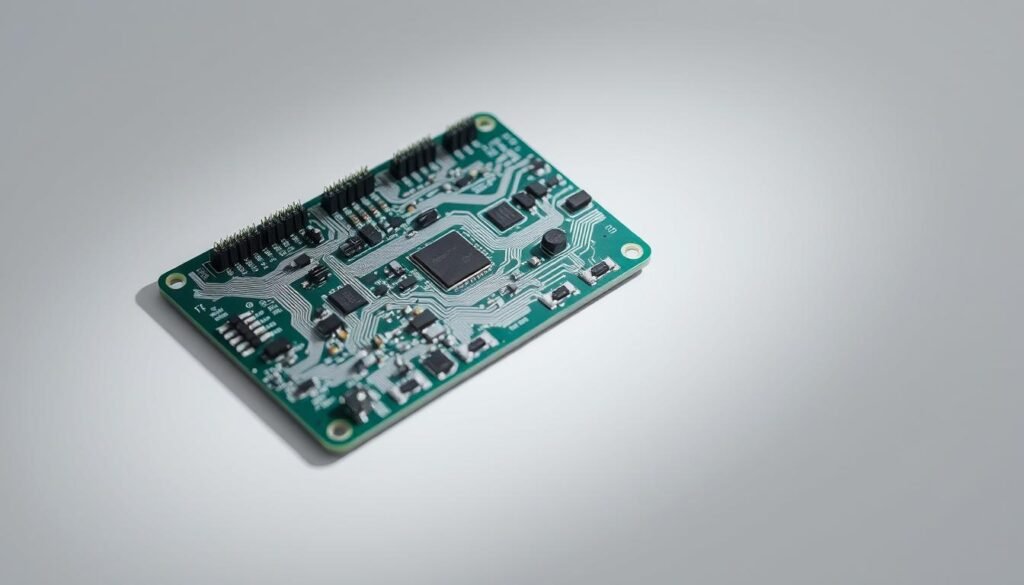 A neatly organized printed circuit board assembly, its components meticulously soldered and aligned. The board is illuminated by soft, even lighting, casting subtle shadows that accentuate the intricate traces and patterns. The assembly is showcased against a clean, neutral background, emphasizing its technical precision and reliability. The overall scene conveys a sense of quality, attention to detail, and the importance of precision manufacturing in critical electronic systems like access control and alarm panels.