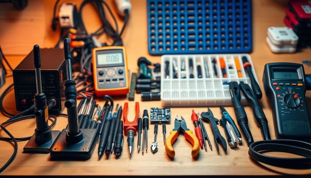 A neatly organized workbench showcases an array of precision tools for UAV electronics assembly. In the foreground, soldering irons, tweezers, and a digital multimeter stand ready. The middle ground features screwdrivers, wire cutters, and a specialized crimping tool, all arranged with care. In the background, a 3D-printed jig and a parts organizer tray create a methodical, techno-industrial atmosphere. Warm, directional lighting casts subtle shadows, emphasizing the importance of these essential instruments for vibration-resistant UAV electronics assembly.