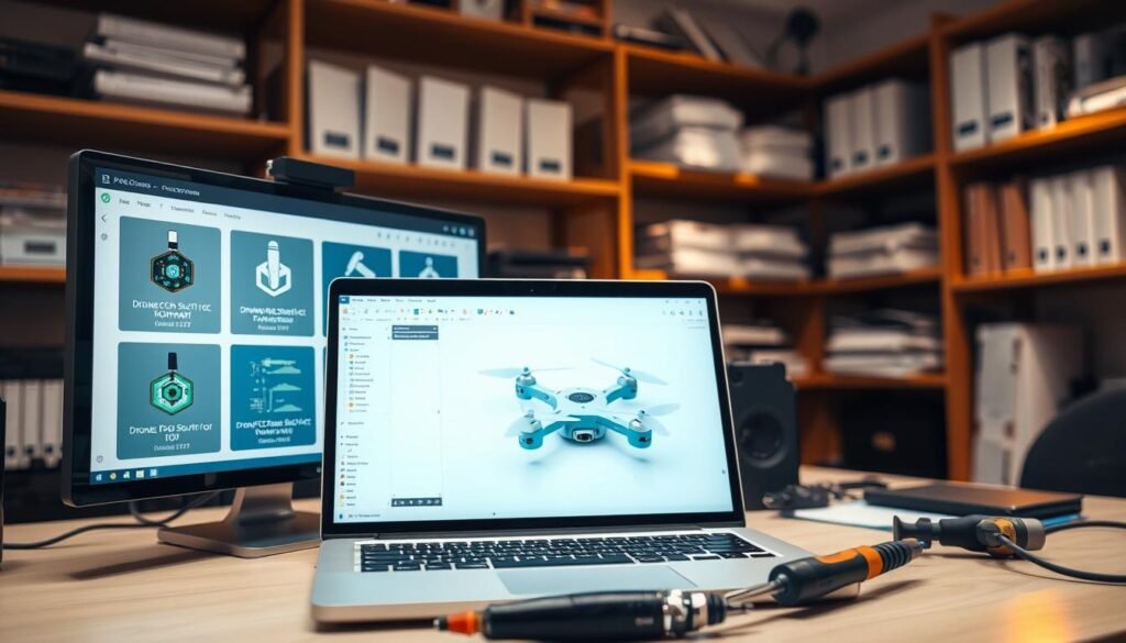 A neatly organized workstation with a sleek monitor displaying various drone PCB design software options. In the foreground, an opened laptop showcases a 3D rendering of a drone circuit board. Carefully placed design tools, including a caliper and soldering iron, suggest a thoughtful, technical approach. The room is illuminated by warm, directional lighting, creating a focused, professional atmosphere. The background features shelves filled with technical manuals and reference materials, hinting at the comprehensive planning process. An overall sense of precision, control, and engineering expertise pervades the scene.