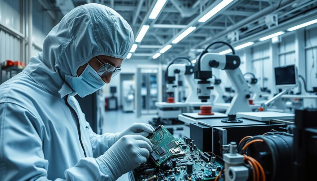 A pristine aerospace production facility, bathed in cool, directional lighting. In the foreground, a meticulous technician in a clean room suit meticulously inspects a complex avionics printed circuit board, ensuring uncompromising quality and reliability. In the middle ground, state-of-the-art manufacturing equipment precisely solder components, their movements choreographed with robotic precision. The background reveals a clean, organized workspace, replete with calibration instruments, test equipment, and rigorous documentation, all adhering to the strictest aerospace standards.