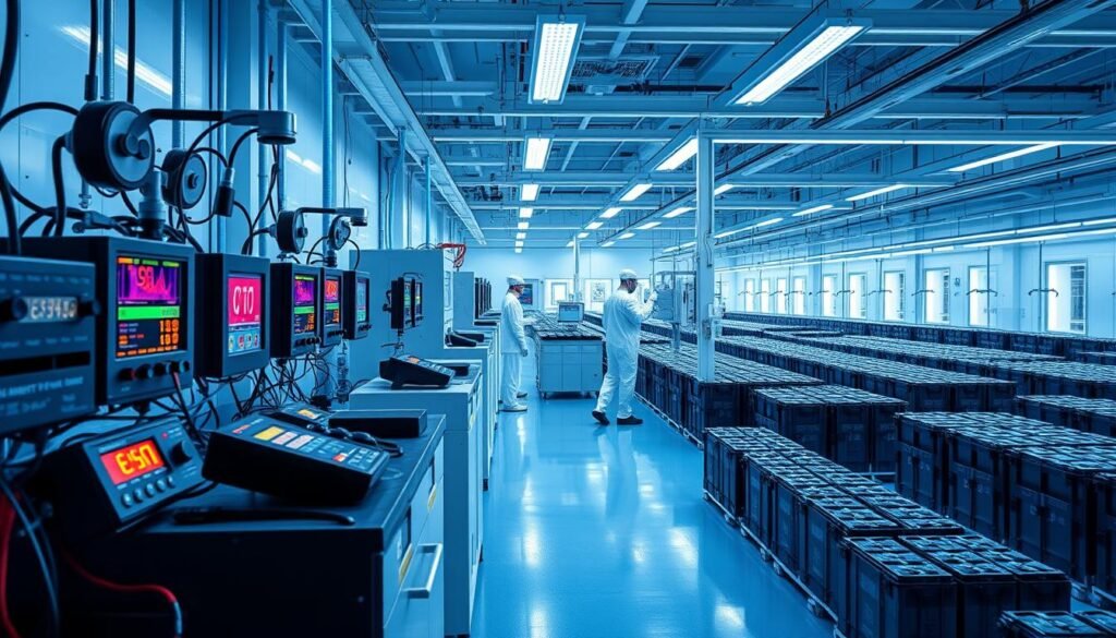 A pristine battery quality control lab, bathed in cool, blue-tinged lighting. In the foreground, an array of precision testing equipment - voltmeters, ammeters, and thermal imaging cameras scrutinizing battery cells with robotic efficiency. The middle ground reveals technicians in sterile white suits carefully monitoring digital displays, ensuring every cell meets rigorous safety and performance standards. In the background, rows of freshly assembled battery packs awaiting final inspection under the watchful gaze of advanced vision systems, primed to detect even the slightest anomaly. An atmosphere of unwavering focus and technological mastery, where quality is the uncompromising priority.