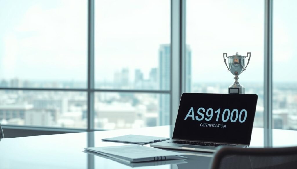 A pristine, well-lit office setting with a clean, modern aesthetic. In the foreground, a desk with neatly organized documents and a laptop displaying the AS9100 certification logo. Atop the desk, a silver trophy or plaque signifying the company's achievement of this prestigious quality standard. In the middle ground, a large window overlooking a serene cityscape, conveying a sense of professionalism and attention to detail. The lighting is bright and diffused, creating a sense of clarity and precision. The overall mood is one of confidence, excellence, and a commitment to the highest quality standards in the aerospace industry.
