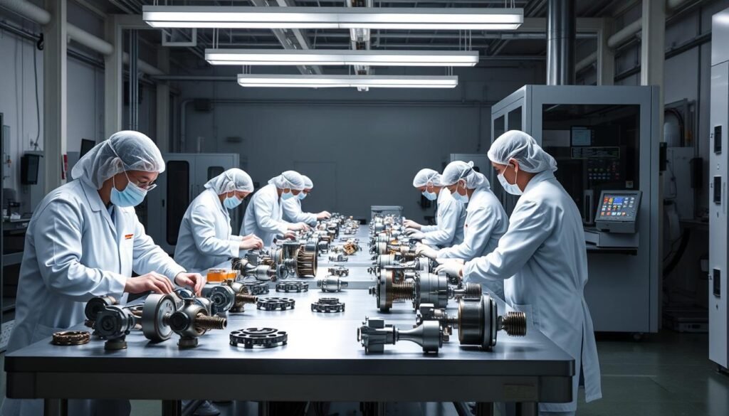 A production line with workers in white lab coats and hairnets diligently inspecting and testing various mechanical parts. The parts are arranged neatly on a stainless steel workbench, illuminated by bright overhead lighting that casts clean, even shadows. In the background, a large, state-of-the-art quality assurance testing apparatus stands ready, its sleek design and array of digital displays conveying a sense of precision and technology. The overall atmosphere is one of order, professionalism, and a keen attention to detail - reflecting the importance of the PPAP process in ensuring the highest standards of quality and safety.