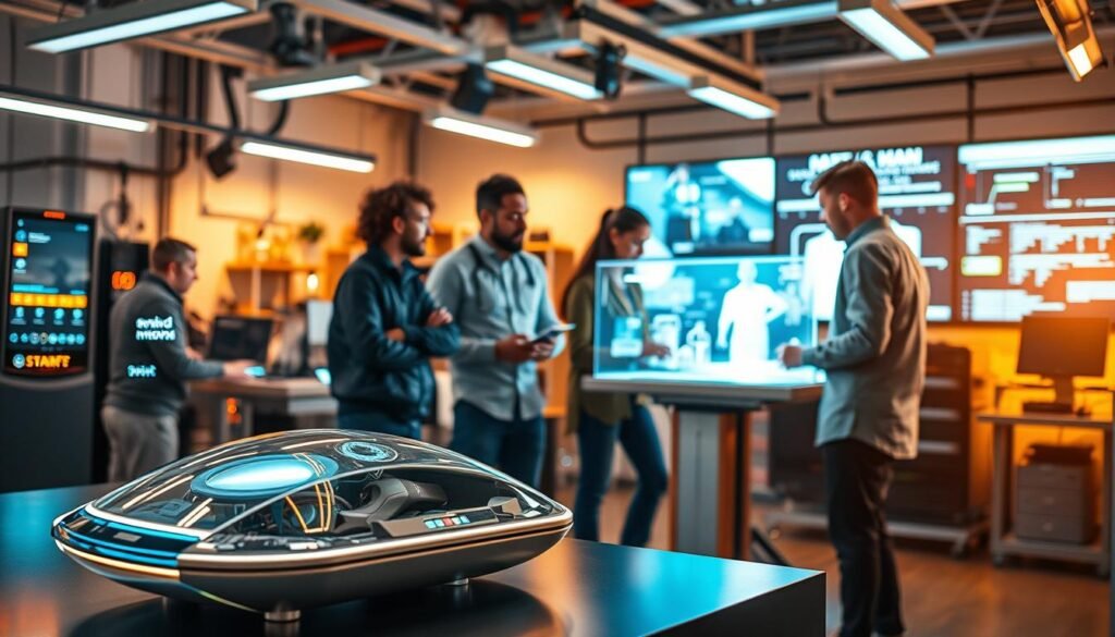 A rapid product launch strategy takes center stage, with a team of innovators collaborating in a dynamic, well-lit workspace. The foreground showcases a sleek, futuristic product prototype, hinting at the cutting-edge technology within. In the middle ground, a diverse group of designers, engineers, and marketers huddle around a holographic display, strategizing and ideating. The background features a wall of high-tech equipment, blinking lights, and display screens, conveying a sense of urgency and a relentless pursuit of innovation. The scene is bathed in a warm, energetic glow, reflecting the passion and determination driving this accelerated product launch.