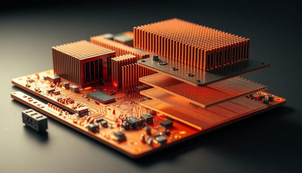 A sleek aerospace electronics board, its intricate copper circuitry dissipating heat through an integrated network of thermal vias and conductive pathways. The board is bathed in a warm, amber-toned lighting, casting subtle shadows that accentuate the precision-engineered heat sinks and cooling fins. In the background, a cross-sectional view reveals the layered construction, showcasing the advanced thermal management strategies employed, such as strategically placed thermal interface materials and heat pipes. The overall composition conveys a sense of technical sophistication and the engineering prowess required to handle the extreme thermal and vibration challenges of the aerospace environment.
