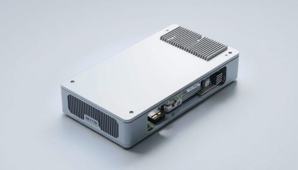 A sleek and compact electronic device, its intricate circuitry and components nestled within a minimalist housing. The device's surface features a series of strategically placed heat sinks and vents, designed to efficiently dissipate the thermal energy generated by its powerful processors. Subtle yet precise lighting illuminates the engineering details, showcasing the innovative thermal management system that enables the device's compact form factor and high-performance capabilities. The background is a clean, neutral environment, allowing the engineering marvels of the device to take center stage. The overall scene conveys a sense of technological sophistication and the elegant balance between form and function.