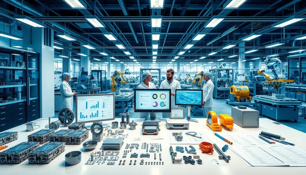 A sleek and futuristic laboratory setting with a central workbench displaying various cost optimization tools and strategies. In the foreground, precise mechanical components, assembly jigs, and cost analysis charts are neatly arranged. The middle ground features a team of engineers in clean-room attire, collaborating on laptop displays showcasing design for manufacturability principles. The background depicts a panoramic view of a high-tech manufacturing facility, with robotic assembly lines and automated material handling systems, all bathed in a cool, blue-toned lighting scheme that emphasizes the precision and efficiency of the cost reduction process.