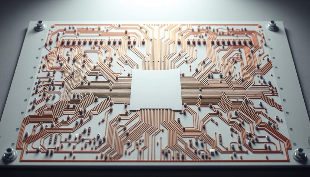 A sleek and intricate printed circuit board (PCB) panel design, showcasing an array of interconnected components and copper traces. The layout is meticulously organized, with a balanced symmetry and clean, minimalist aesthetic. The panel is illuminated by a soft, diffused lighting that casts gentle shadows, highlighting the three-dimensional depth and textures of the PCB design. The camera angle is a slightly elevated, bird's-eye view, providing a comprehensive overview of the panel's structure and layout. The overall mood is one of precision, efficiency, and technological sophistication, perfectly suited to illustrate the "Panel Design Considerations for Optimal Efficiency" section of the article.