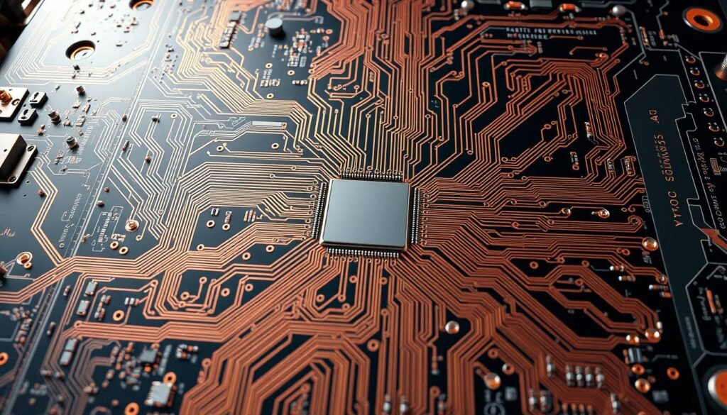 A sleek and intricate printed circuit board layout for a high-performance drone, captured in a detailed, technical illustration. The PCB showcases innovative routing techniques, strategic component placement, and power management solutions. Bright, focused lighting from above illuminates the precise copper traces, vias, and solder mask, creating a sense of precision and engineering excellence. The layout is presented from a slightly elevated, angled perspective, allowing the viewer to appreciate the board's complexity and elegance. The overall mood is one of technological sophistication, highlighting the careful design and engineering that goes into crafting a drone's electronic heart.