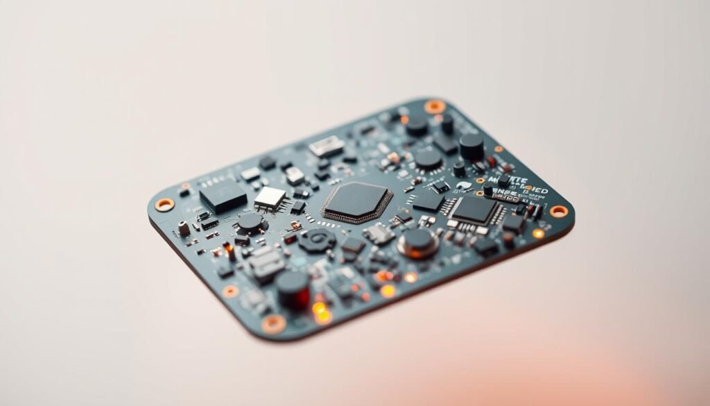 A sleek, futuristic PCBA (Printed Circuit Board Assembly) for a cutting-edge agricultural drone, bathed in warm, directional lighting that highlights its intricate components and innovative design. The board features a minimalist layout with precisely placed connectors, sensors, and microchips, showcasing advancements in high-density manufacturing and thermal management. The background blurs into a clean, neutral palette, allowing the PCBA's technical details to take center stage and convey a sense of precision, efficiency, and technological progress in drone engineering.