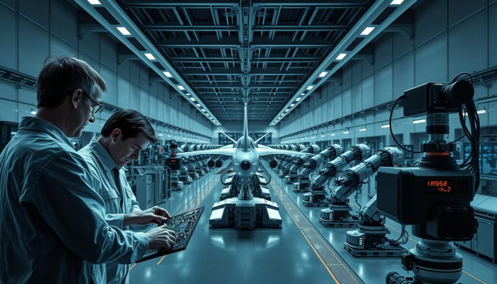 A sleek, futuristic avionics design and manufacturing facility. In the foreground, a team of engineers examines a complex circuit board, intense focus on their faces as they make precision adjustments. In the middle ground, rows of advanced robotic assembly lines assemble and test aircraft components, their movements choreographed with mechanical grace. The background reveals a cavernous, high-ceilinged space filled with the glow of diagnostic screens and the hum of specialized machinery. Diffused, cool-toned lighting casts long shadows, creating a sense of depth and technical sophistication. The overall atmosphere conveys a seamless blend of human expertise and cutting-edge automation, essential for the redundant, mission-critical design and manufacturing of modern avionics.