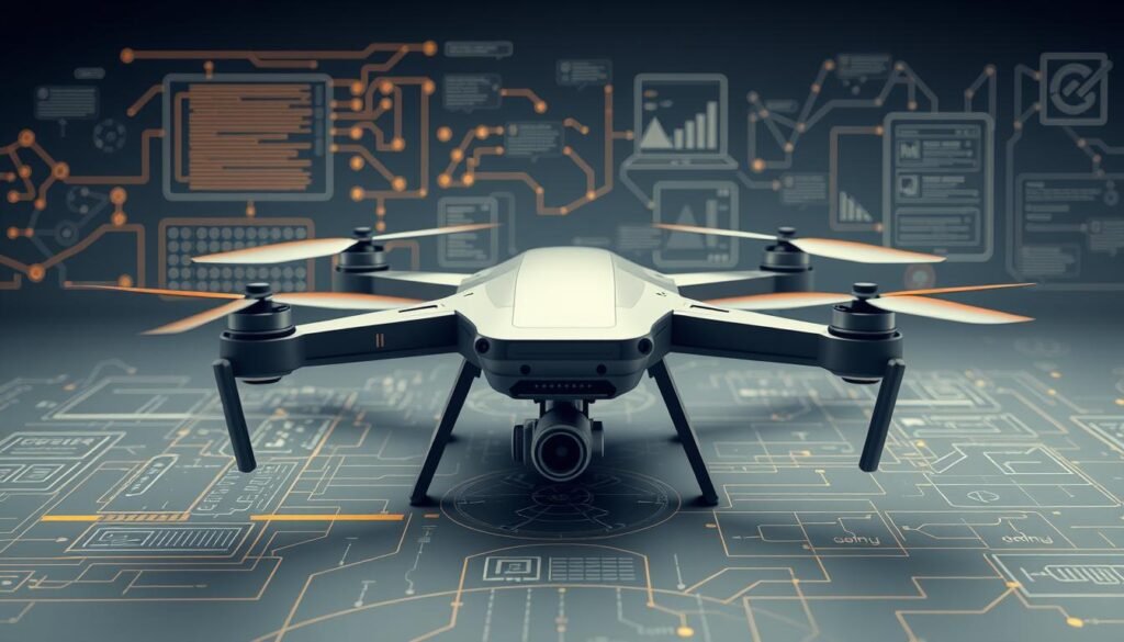 A sleek, futuristic drone design, showcasing the interconnected components and iterative engineering process. In the foreground, a detailed schematic diagram depicts the drone's internal structure, with clearly labeled parts and circuits. The middle ground features a 3D render of the drone, rotating gently to display its streamlined aerodynamic form, precision-engineered for maximum power efficiency. In the background, a stylized backdrop of algorithms, wireframes, and design schematics, creating a sense of the ongoing refinement and optimization that characterizes the drone design loop. Subtle, warm lighting accentuates the technical details, while a muted color palette conveys a sense of professionalism and technical sophistication.