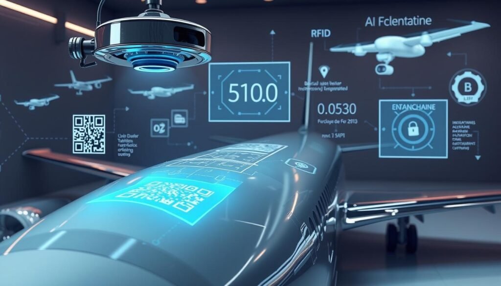 A sleek, futuristic scene showcasing cutting-edge aerospace authentication technologies. In the foreground, a high-tech QR code scanner and RFID reader hover over a gleaming aircraft fuselage, meticulously scanning for counterfeit components. In the middle ground, holographic projections display intricate digital signatures and encrypted serial numbers, validating the plane's provenance. The background features a sophisticated network of satellites, drone surveillance, and blockchain-powered supply chain monitoring systems, all working in concert to ensure the integrity of the aerospace industry. Soft, ambient lighting bathes the scene in an aura of technological sophistication, hinting at the power and precision of these advanced security measures.