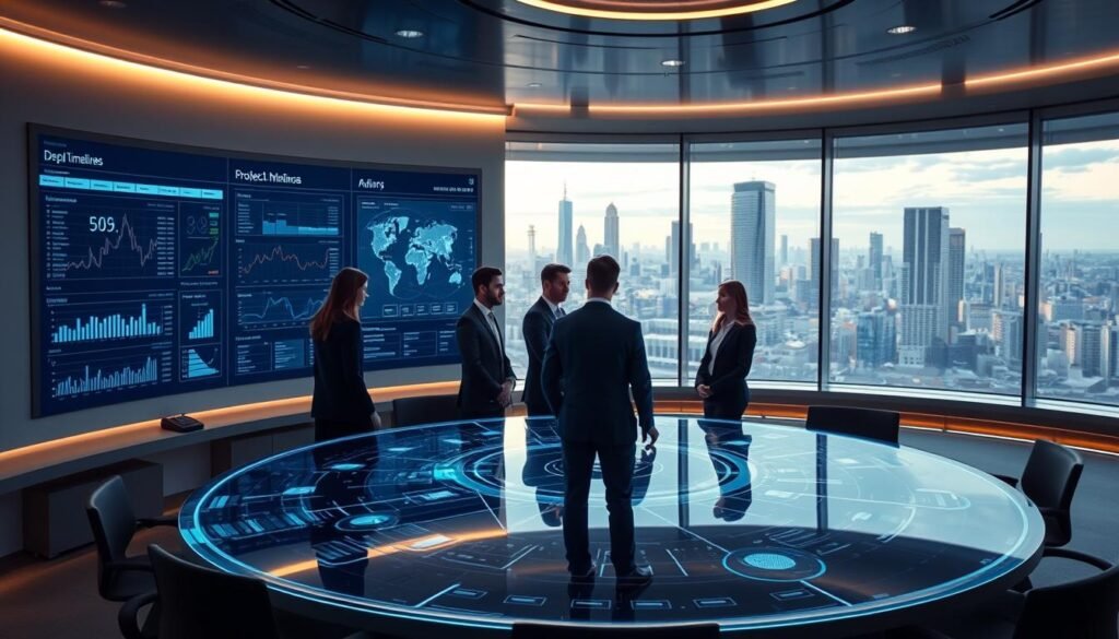 A sleek, futuristic security control room with a large, curved display panel showcasing real-time data and analytics. In the foreground, a team of professionals in business attire collaborating around a holographic table, discussing project timelines and deployment strategies. Soft, ambient lighting casts a warm, authoritative glow, while the background features a panoramic view of a modern city skyline, symbolizing the seamless integration of security infrastructure. The scene conveys a sense of efficiency, professionalism, and a commitment to delivering a turnkey security solution.