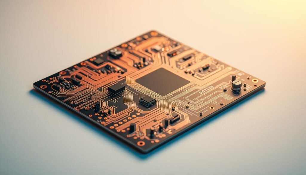 A sleek, high-performance printed circuit board design, meticulously crafted with intricate copper traces, precisely placed components, and a multi-layered structure. The PCB is illuminated by warm, directional lighting, casting subtle shadows that accentuate the intricate details. The composition features a balanced layout, with the main circuitry occupying the foreground, surrounded by a clean, minimalist background, emphasizing the board's engineering excellence. The overall scene conveys a sense of technical sophistication and attention to detail, suitable for showcasing the design considerations of a high-performance PCB solution for smart home devices.