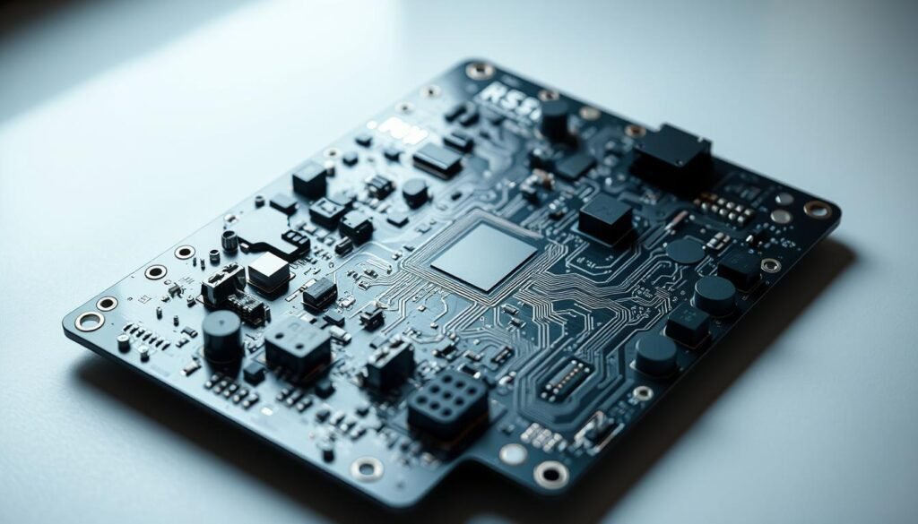 A sleek, high-quality printed circuit board (PCBA) with a glossy, transparent conformal coating covering its intricate circuitry and components. The coating appears seamless, protecting the delicate electronics from environmental factors like moisture, dust, and vibration. The PCBA is illuminated from multiple angles, casting subtle shadows that accentuate its intricate design. The scene is captured in a clean, well-lit studio setting, showcasing the importance of conformal coating for ensuring the reliability and durability of automotive electronics.