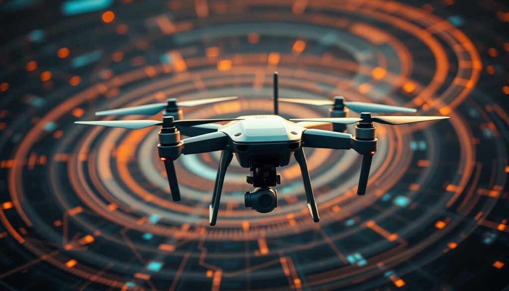 A sleek, high-tech drone hovers amid a swirling field of data visualizations, its elegant frame bathed in warm lighting. The drone's antennas and communications array are prominently displayed, conveying the critical importance of signal integrity. The background features a stylized, abstract representation of electromagnetic waves, pulses, and interference patterns, symbolizing the complexities of drone communication links. The overall composition is dynamic and visually engaging, capturing the technical essence of the subject matter in a visually striking manner.