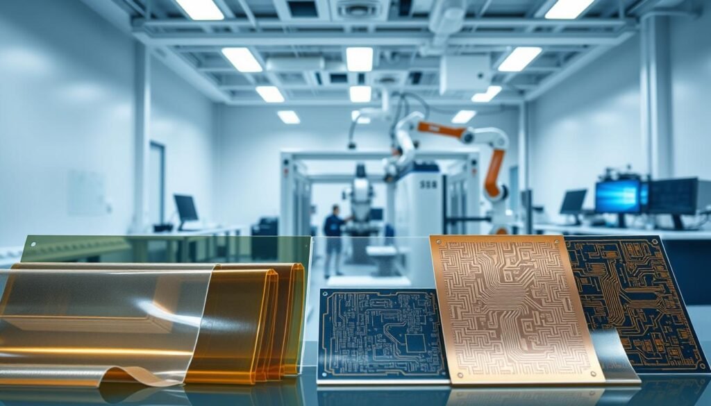 A sleek, high-tech laboratory setting, brightly lit with clean, diffused lighting. In the foreground, a display of various flexible printed circuit board (PCB) materials, including transparent polyimide films, copper-clad laminates, and adhesive layers. The materials are arranged in an organized, visually appealing manner, showcasing their flexibility, thinness, and intricate patterns. In the middle ground, a state-of-the-art flex PCB manufacturing machine, its precise robotic arms meticulously assembling the components. The background features a sophisticated, minimalist workspace with high-tech monitoring equipment and a sense of advanced engineering and innovation.