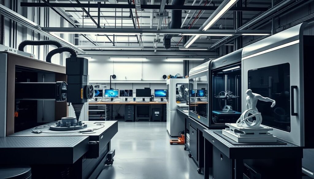 A sleek, high-tech workshop filled with the tools of modern manufacturing. In the foreground, a CNC machine precisely carves a complex part, its robotic arm moving with mechanical precision. Nearby, a 3D printer extrudes layers of material, building up a intricate prototype. The background is dotted with engineering workstations, computer screens displaying CAD models and production data. Soft, directional lighting casts shadows that highlight the intersection of digital design and physical fabrication. An atmosphere of focused innovation, where cutting-edge technology and skilled craftsmanship come together to bring new ideas to life.