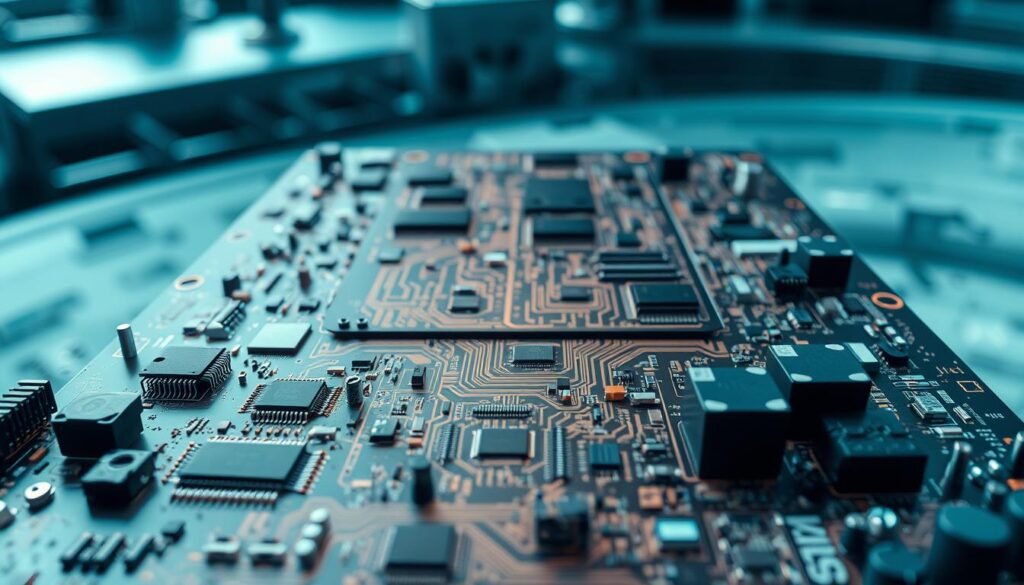 A sleek, highly detailed satellite printed circuit board assembly (PCBA) with intricate interconnects, miniaturized components, and advanced multi-layer design. The board is bathed in a cool, technical lighting that highlights the precision engineering and complex circuitry. In the foreground, various surface-mount chips, capacitors, and connectors are arranged in an organized, symmetrical layout, showcasing the innovative solutions required for mission-critical satellite systems. The middle ground features the densely populated PCBA, with traces, vias, and embedded components seamlessly integrated. The background subtly suggests the scale and complexity of the overall satellite system, with a slight blur to maintain focus on the engineering details. An atmosphere of high-tech sophistication and advanced aerospace engineering pervades the scene.