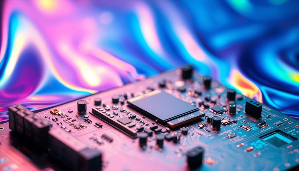 A sleek, metallic circuit board nestled against a backdrop of vibrant, iridescent conformal coating. The coating cascades over the intricate components, forming a protective sheen that glistens under focused, directional lighting. The scene conveys a sense of technological sophistication and robust reliability, highlighting the fundamental benefits of conformal coating - shielding sensitive electronics from environmental stressors, preventing short circuits, and ensuring long-term performance. The composition emphasizes the coating's seamless integration with the circuitry, creating a harmonious, visually striking representation of the importance of this critical process for automotive PCBA reliability.