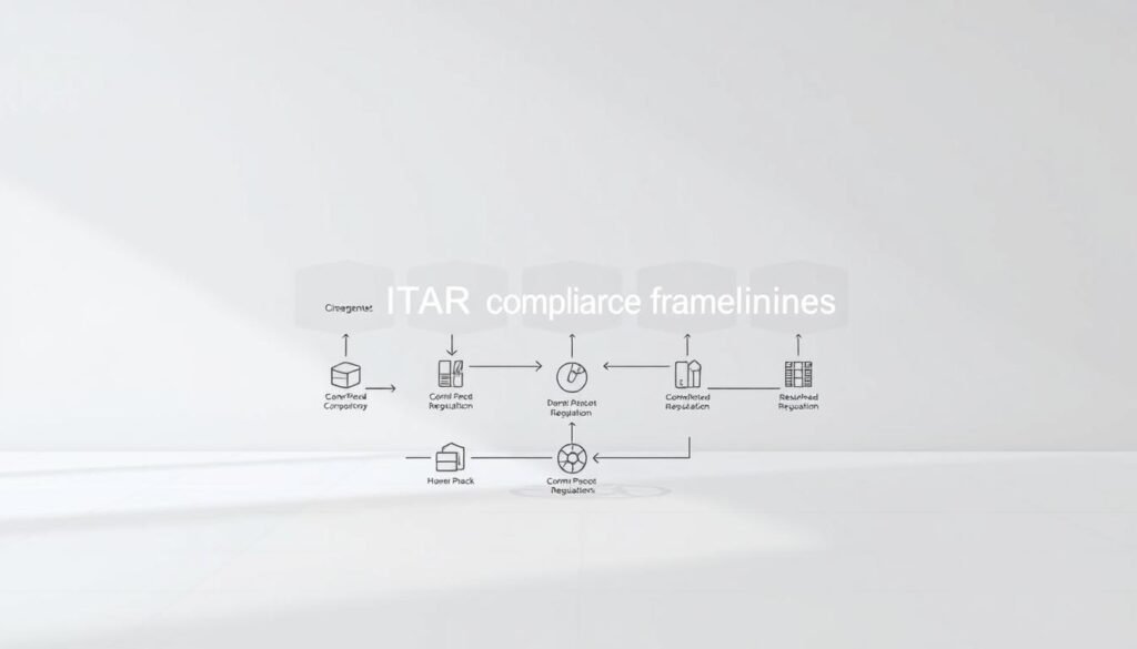 A sleek, minimalist diagram showcasing the key elements of ITAR compliance frameworks. In the foreground, a series of interconnected geometric shapes and icons representing the core compliance regulations and processes. In the middle ground, a clean, neutral background with subtle gridlines and technical-looking textures, evoking a sense of order and structure. The lighting is soft and even, casting gentle shadows to add depth and dimension. The overall composition is balanced and visually appealing, conveying the complexities of ITAR compliance in a clear, concise manner.
