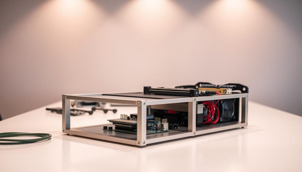 A sleek, minimalist workspace with a clean, well-lit tabletop. In the foreground, a modular electronics assembly framework takes center stage, its brushed metal components neatly arranged in a grid layout. The framework's design emphasizes portability, with a slim profile and lightweight construction. In the middle ground, various electronic components, such as circuit boards, microcontrollers, and cables, are strategically positioned, suggesting a process of assembly and integration. The background features a neutral, soft-toned wall, accentuating the sophisticated, high-tech atmosphere. Subtle, directional lighting casts a warm glow, highlighting the precision and attention to detail in the electronics manufacturing setup.