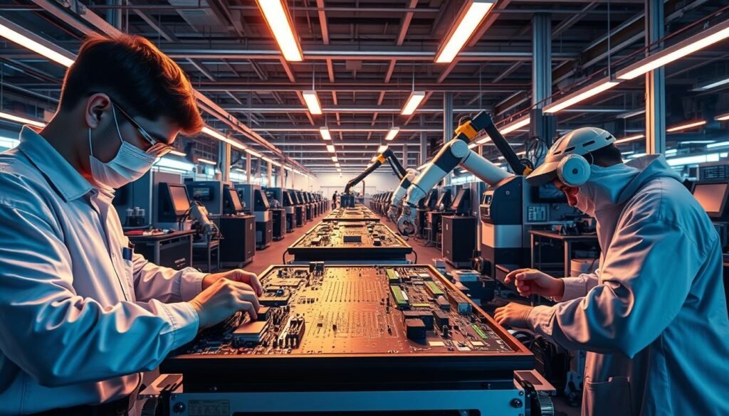 A sleek, modern PCB assembly facility, bathed in warm, focused lighting. In the foreground, skilled technicians carefully place components on a circuit board, their movements precise and efficient. In the middle ground, advanced robotic arms seamlessly solder the connections, ensuring perfect alignment and consistent quality. In the background, rows of high-tech equipment and workstations hum with activity, creating an atmosphere of advanced manufacturing and innovation. The scene conveys a sense of technological prowess, attention to detail, and a commitment to producing top-quality printed circuit board assemblies.