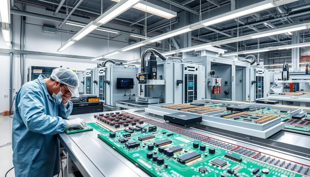 A sleek, modern PCB assembly facility with clean, well-lit workstations. In the foreground, a technician meticulously installs components on a renewable energy circuit board, their movements precise and efficient. In the middle ground, advanced pick-and-place machines rapidly assemble multiple boards simultaneously, showcasing the speed and accuracy of turnkey PCBA. The background features state-of-the-art testing and inspection equipment, ensuring quality control. The overall scene conveys the advantages of turnkey PCBA - increased productivity, consistent quality, and streamlined manufacturing for renewable energy projects.